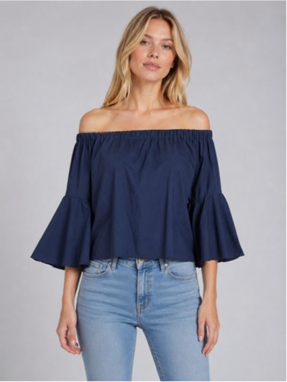 Saks Fifth Avenue Navy Off Shoulder Blouse Flare 3/4 Sleeve USA Chic Size M
